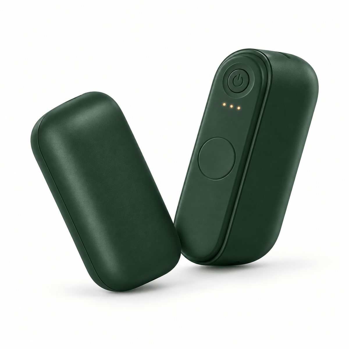 Chauffe-mains rechargeables HeatSnap™ Duo vert foncé, au fini lisse, en deux modules séparables dont un avec bouton et voyants.