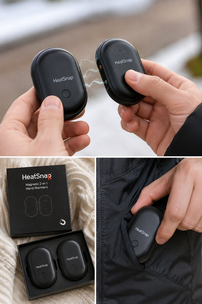 HeatSnap Duo, pack de deux chauffe-mains magnétiques rechargeables présenté en main, en boîte et dans une poche